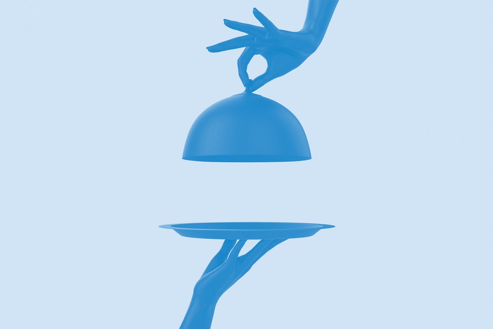 Der Vorgang des Servierens wird symbolisch mit Geschirr dargestellt.