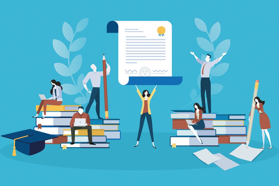 Die Grafik zeigt einige Menschen, die in Büchern lesen oder an Laptops sitzen. In der Mitte steht eine Frau, die ein Zeugnis oder Diplom nach oben zeigt.