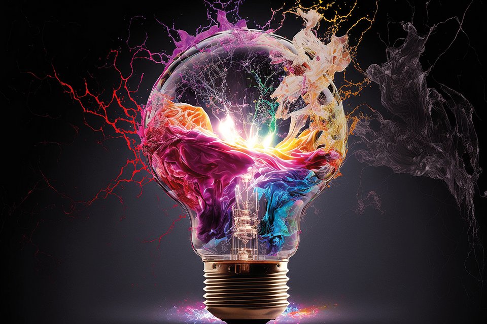 Eine Glühlampe ist voller farbiger Lichtreflexe