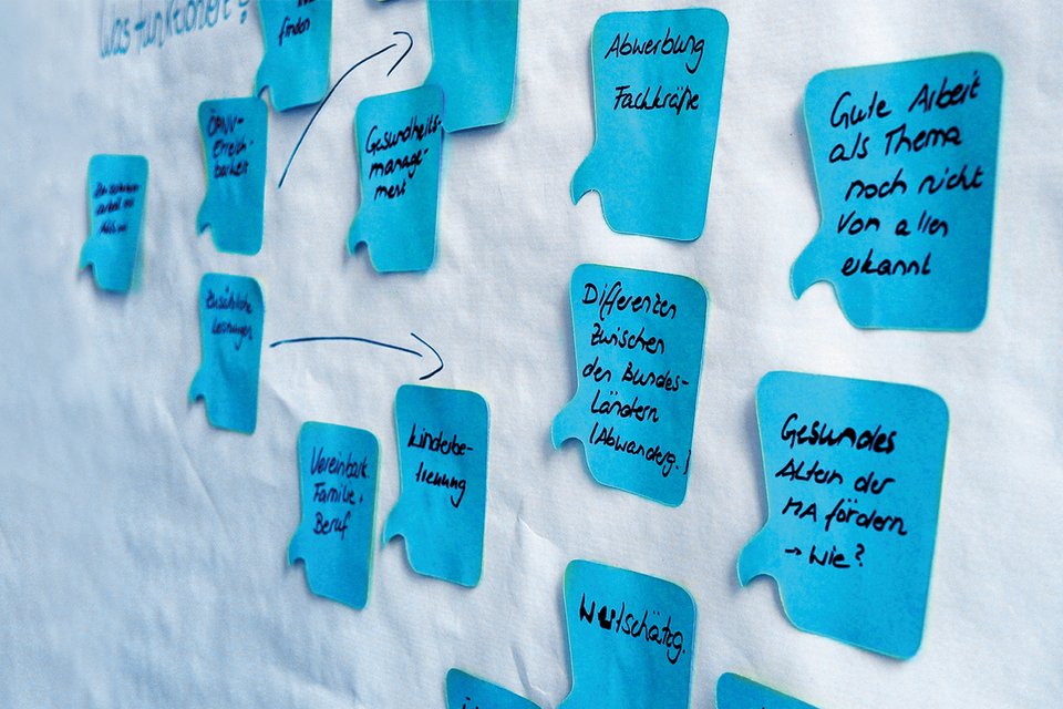 Auf einer Pinwand kleben viele beschrieftete Post-It-Notizen