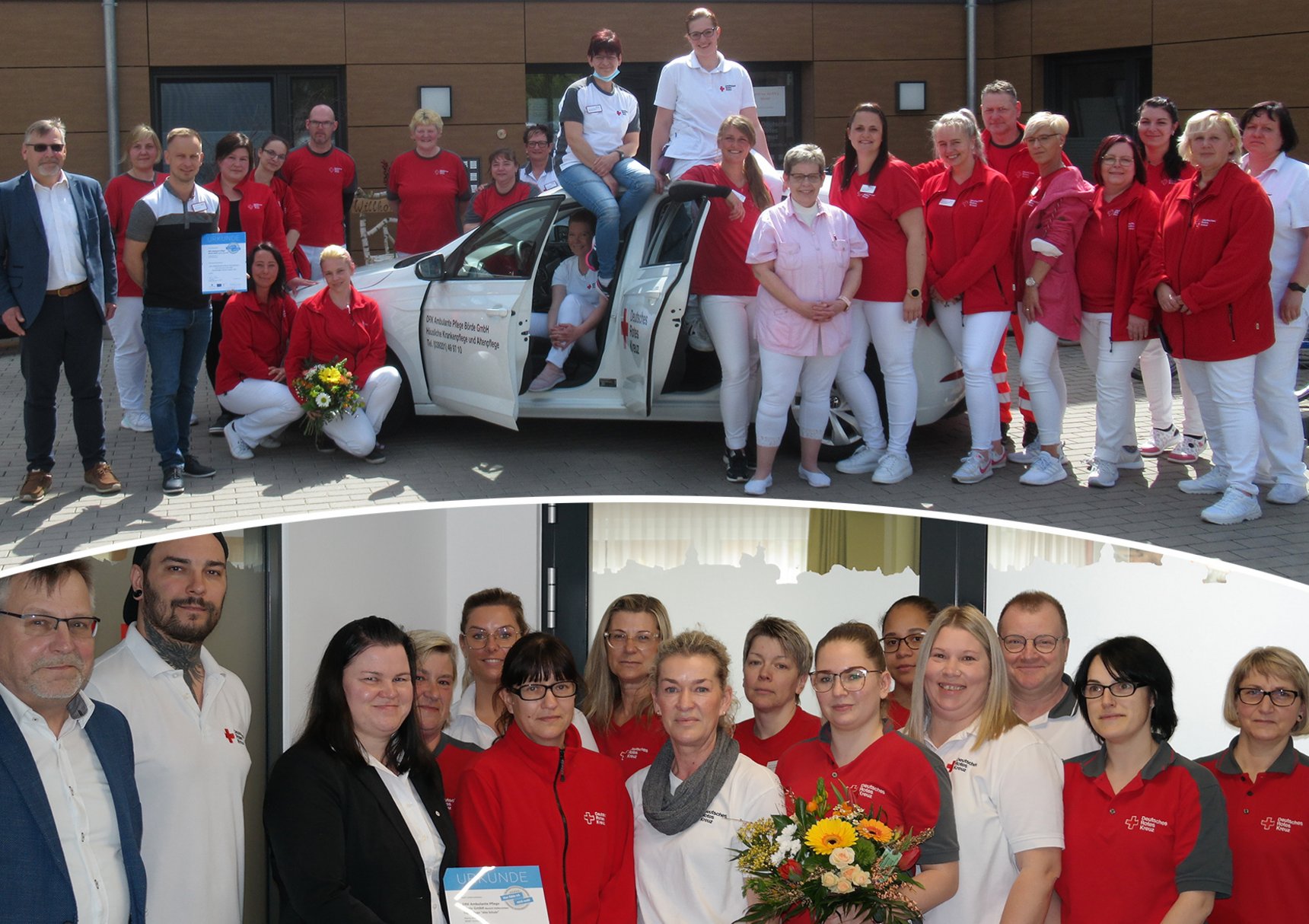 Mitarbeiter der DRK Ambulante Pflege Börde GmbH stehen vor ihrem Dienstauto und präsentieren die Urkkunde zum Landessiegel