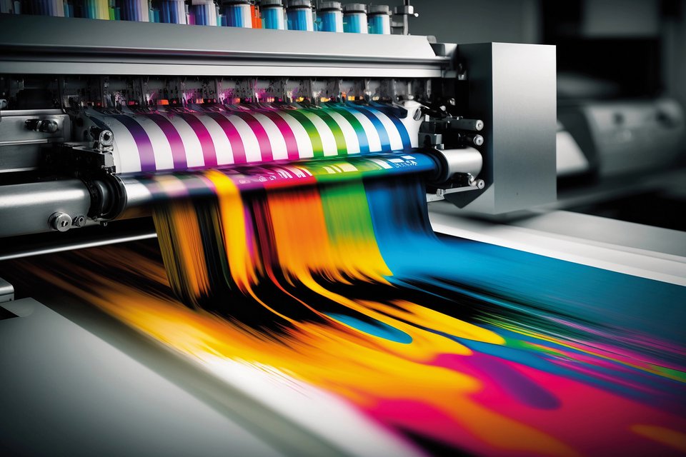 Aus einer Druckmaschine laufen stilistisch Farben auf einen sich schnell bewegenden Druckbogen